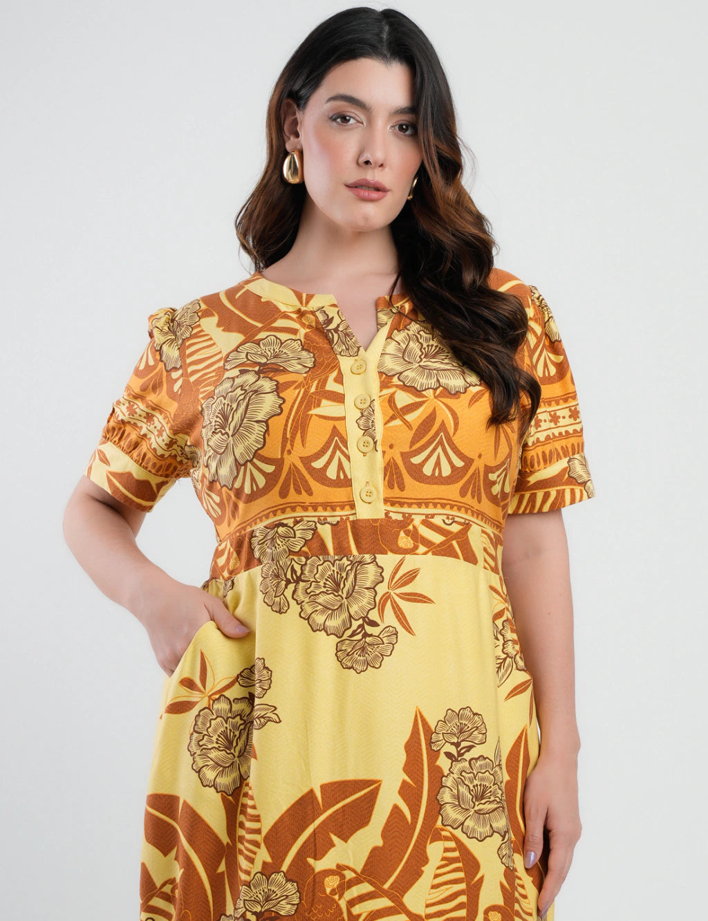 Vestido Midi Viscose Estampado Barrado Amarelo