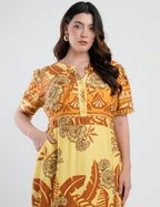 Vestido Midi Viscose Estampado Barrado Amarelo