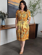 Vestido Midi Viscose Estampado Barrado Amarelo