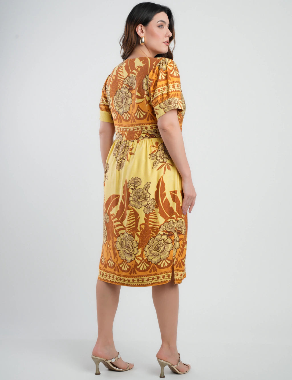Vestido Midi Viscose Estampado Barrado Amarelo