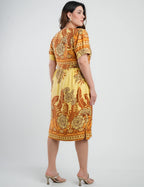 Vestido Midi Viscose Estampado Barrado Amarelo