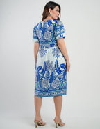 Vestido Midi Viscose Estampado Barrado Azul