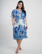 Vestido Midi Viscose Estampado Barrado Azul