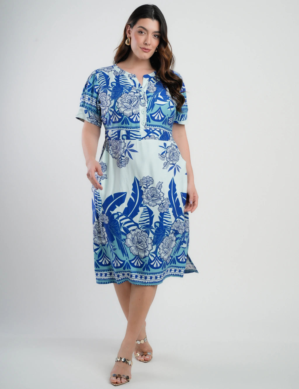 Vestido Midi Viscose Estampado Barrado Azul