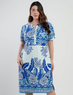 Vestido Midi Viscose Estampado Barrado Azul