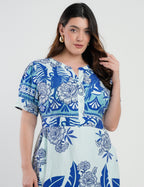 Vestido Midi Viscose Estampado Barrado Azul