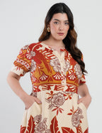 Vestido Midi Viscose Estampado Barrado Vermelho