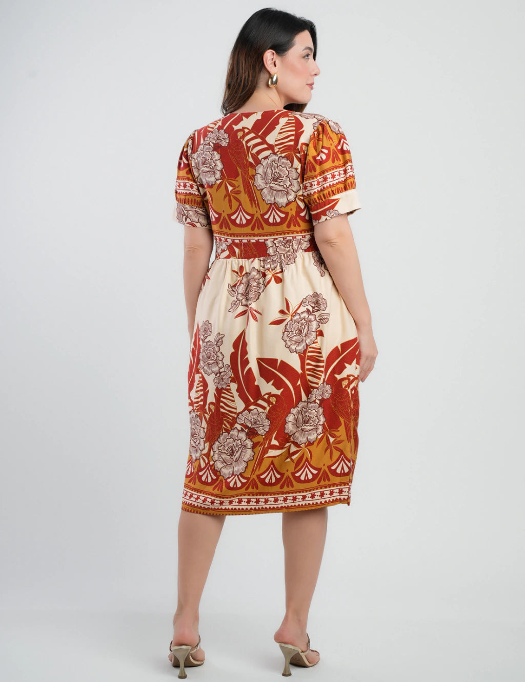 Vestido Midi Viscose Estampado Barrado Vermelho