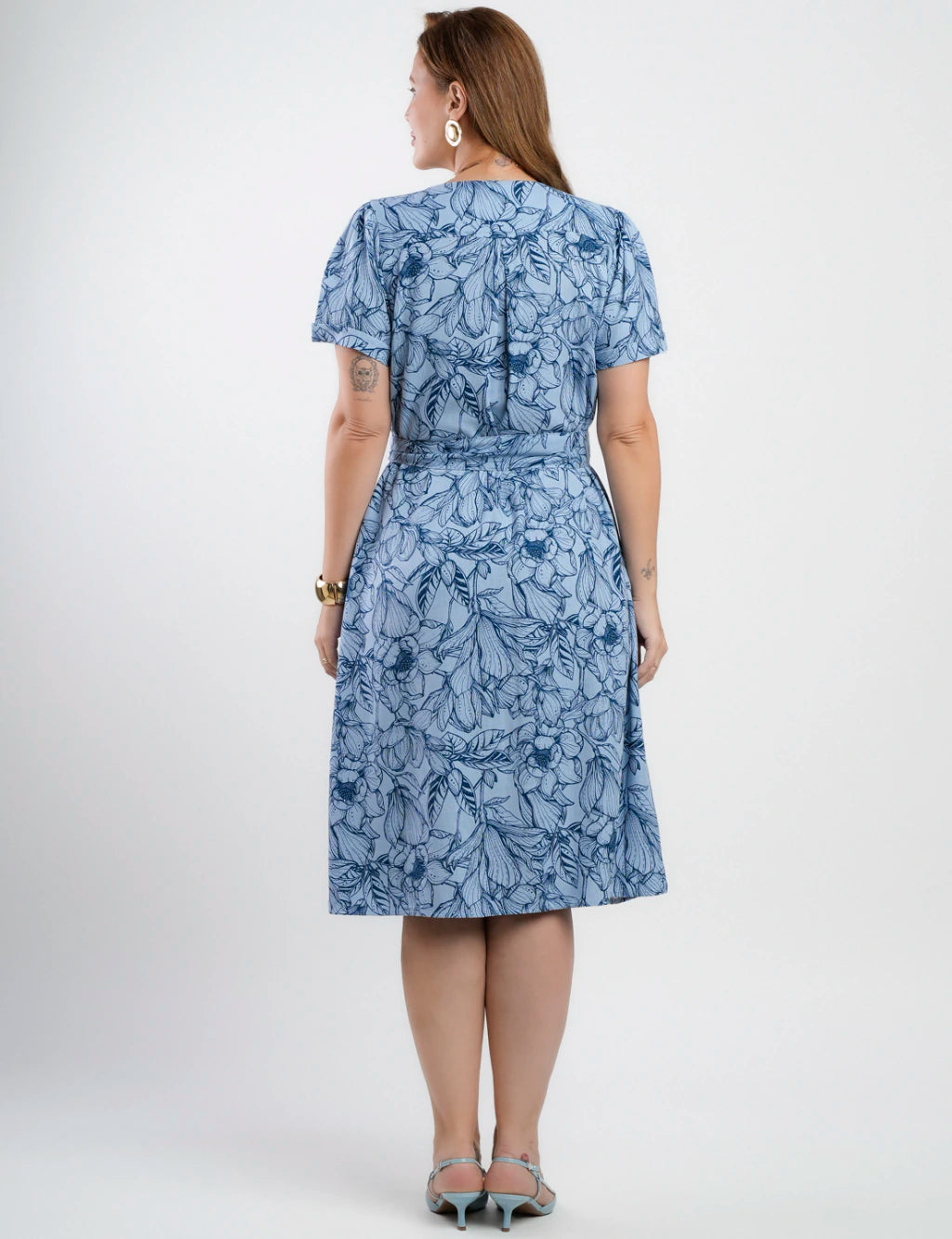 Vestido Midi Linho Estampado Chemise Azul