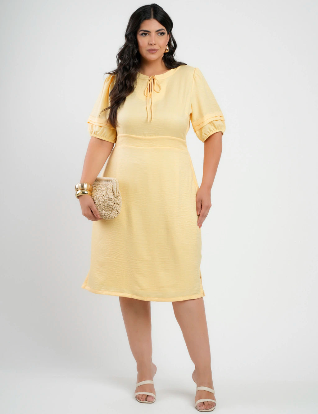 Vestido Midi Crepe Twill Tubinho Com Amarração Amarelo