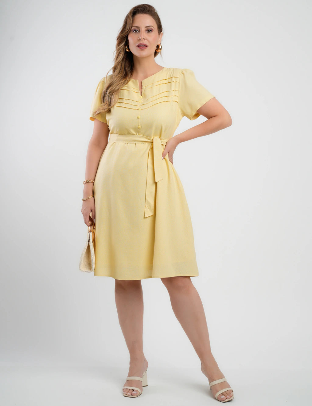 Vestido Curto Linho Misto Com Nervuras Amarelo