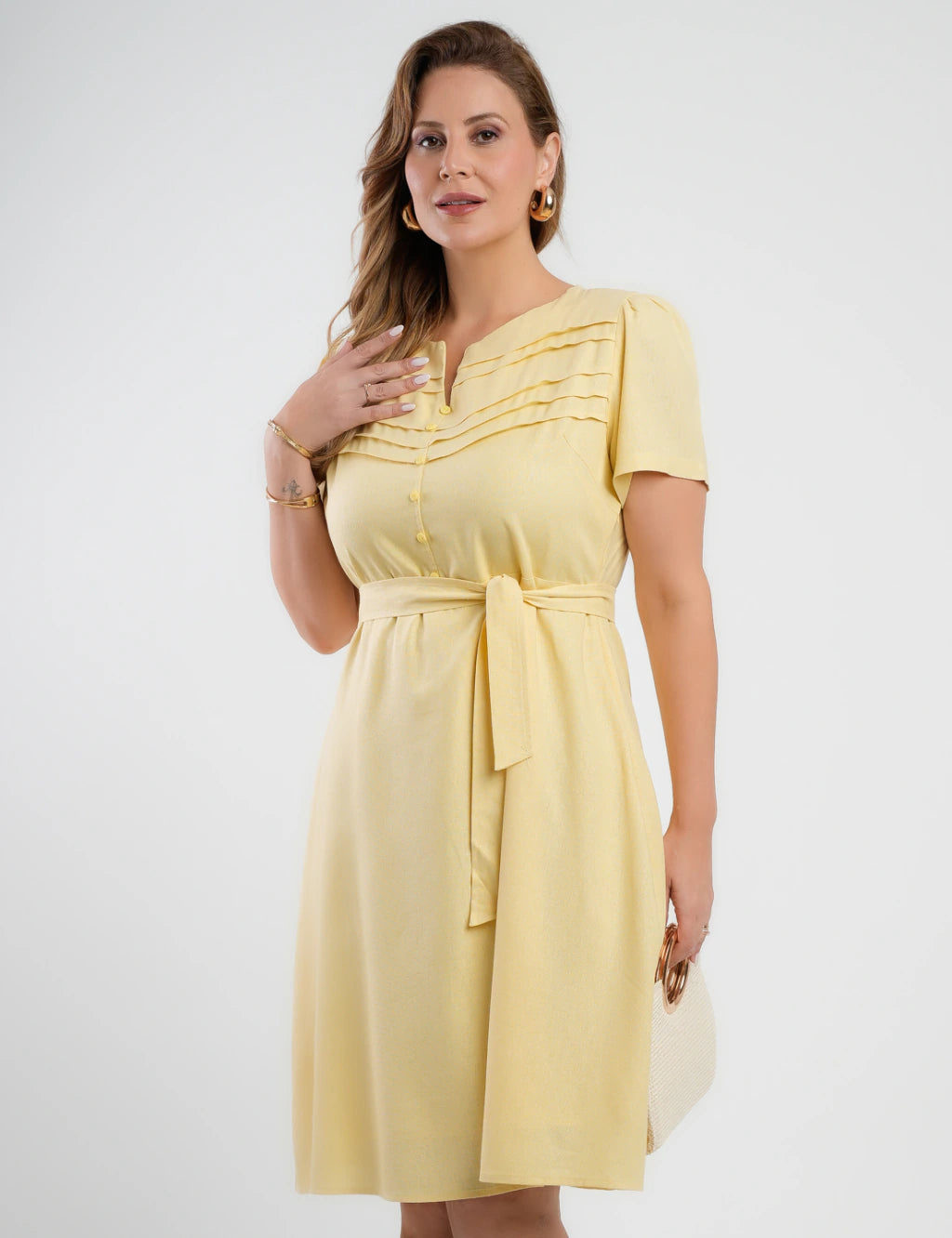 Vestido Curto Linho Misto Com Nervuras Amarelo