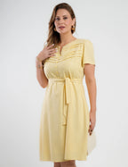 Vestido Curto Linho Misto Com Nervuras Amarelo