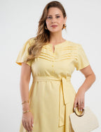 Vestido Curto Linho Misto Com Nervuras Amarelo