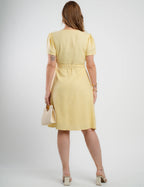 Vestido Curto Linho Misto Com Nervuras Amarelo