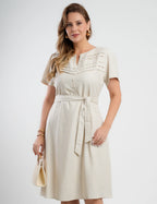 Vestido Curto Linho Misto Com Nervuras Bege