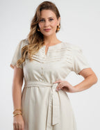 Vestido Curto Linho Misto Com Nervuras Bege