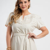 Vestido Curto Linho Misto Com Nervuras Bege