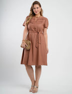 Vestido Curto Linho Misto Com Nervuras Marrom