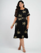 Vestido Midi Crepe Encorpado Bordado Preto