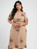 Vestido Midi Crepe Encorpado Bordado Marrom