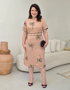 Vestido Midi Crepe Encorpado Bordado Marrom