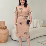 Vestido Midi Crepe Encorpado Bordado Marrom