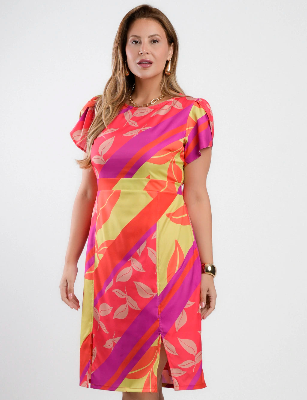 Vestido Midi Crepe Twill Estampado Laranja