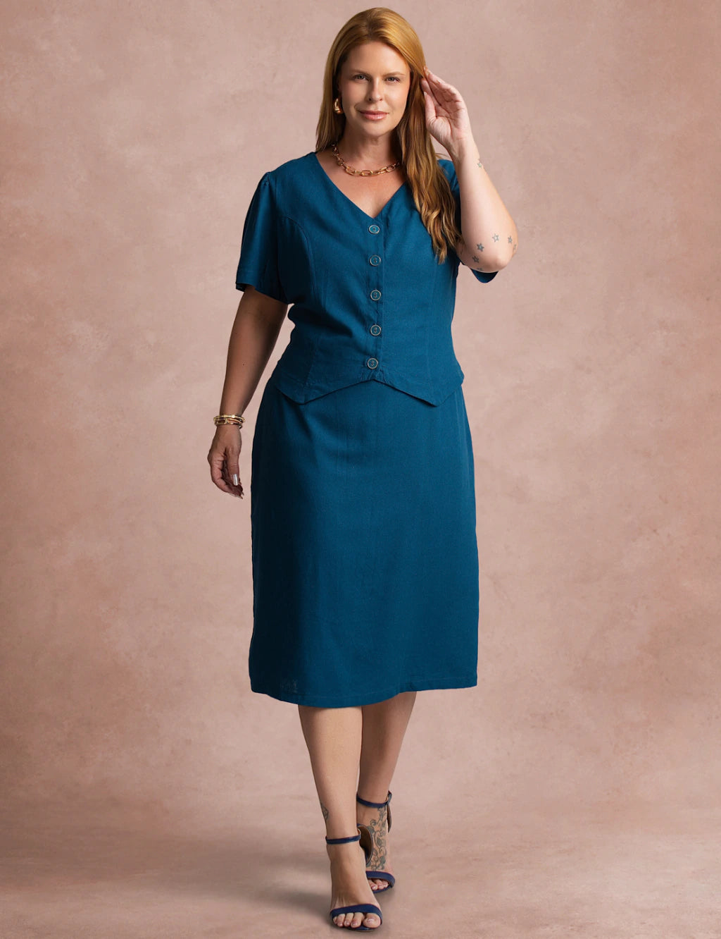 Vestido Curto liso Com Botão Petróleo