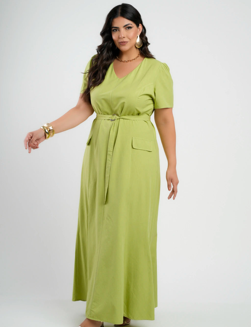 Vestido longo Viscose algodão Com Cinto Verde