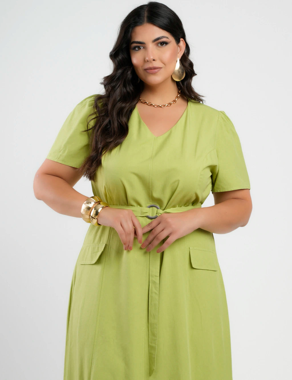 Vestido longo Viscose algodão Com Cinto Verde