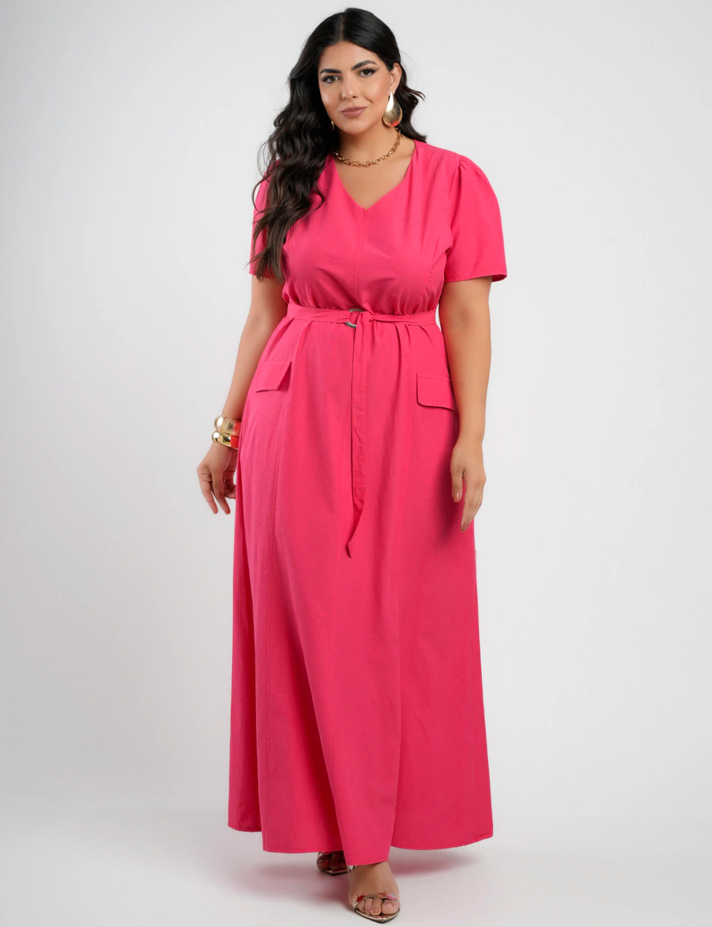 Vestido longo Viscose algodão Com Cinto Pink