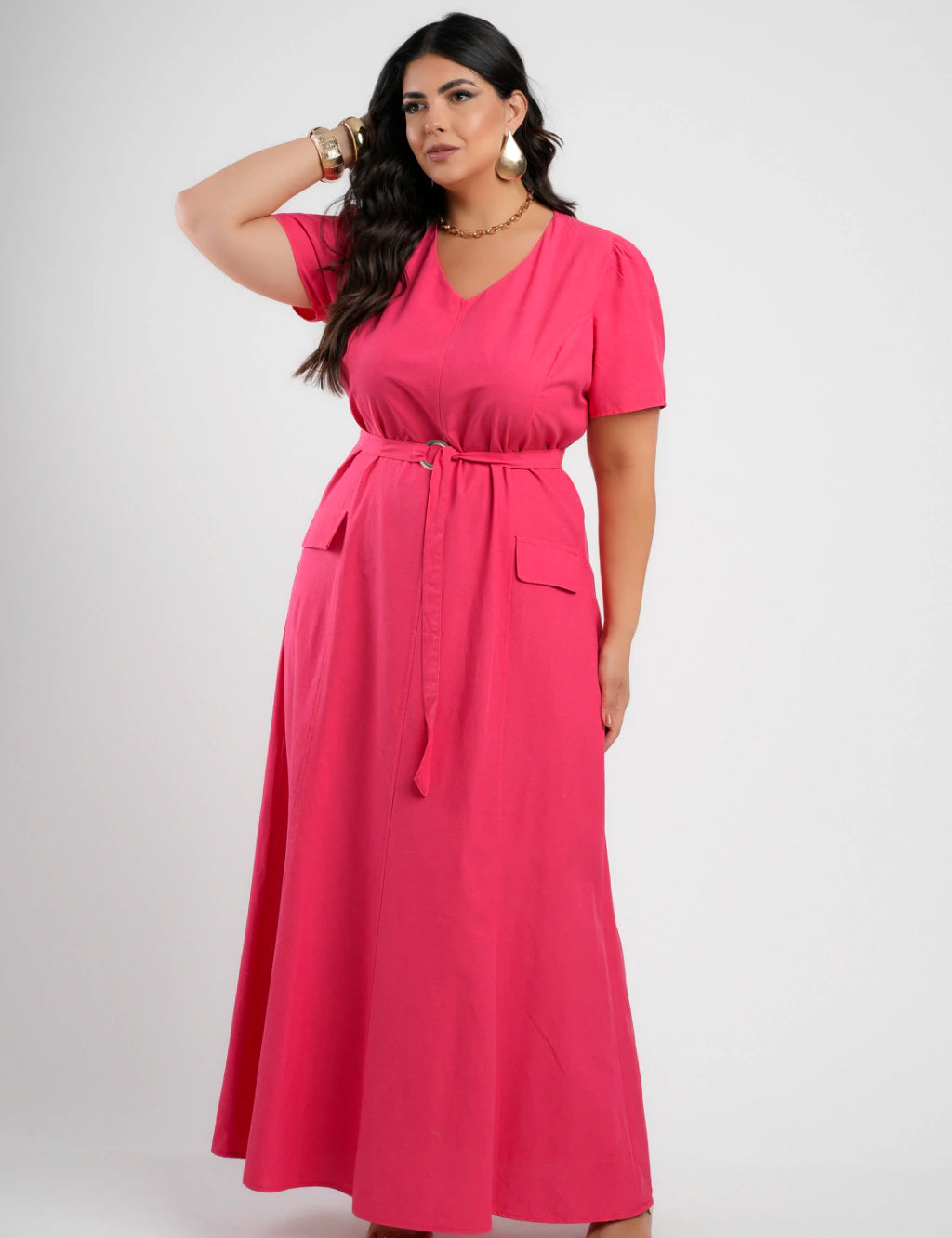 Vestido longo Viscose algodão Com Cinto Pink