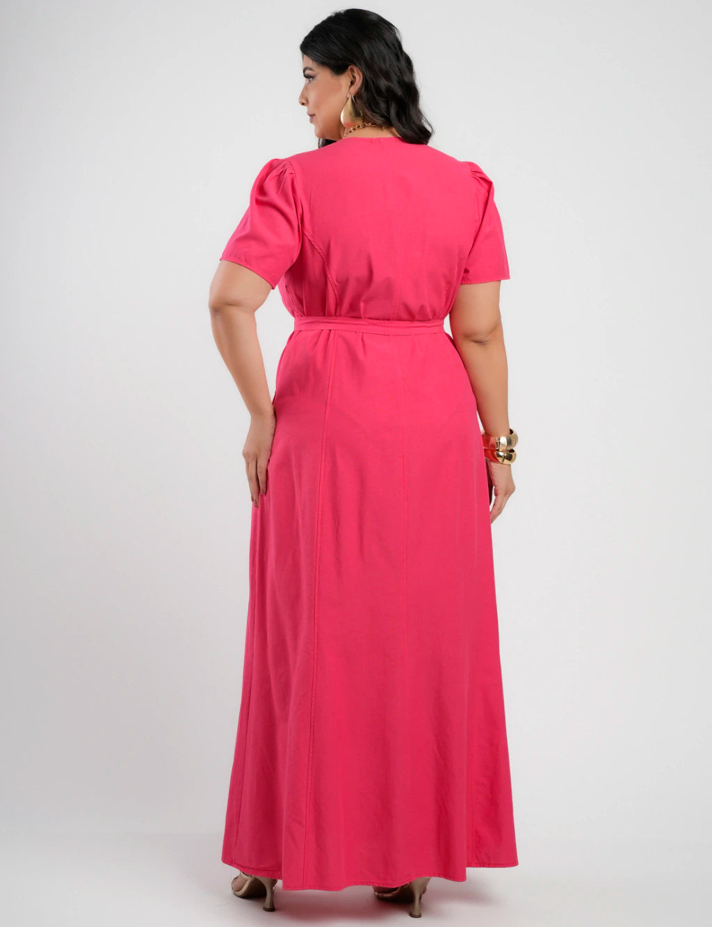 Vestido longo Viscose algodão Com Cinto Pink