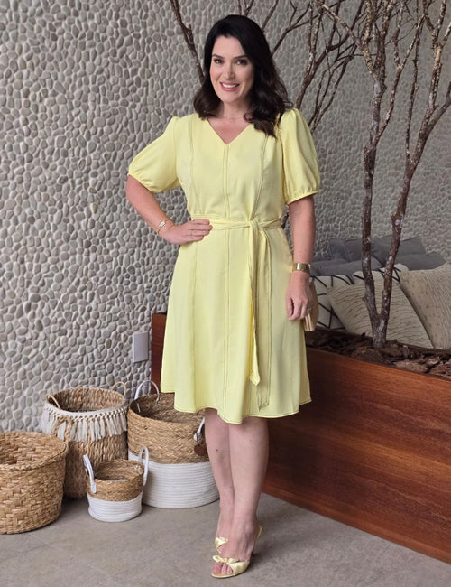 Vestido Curto Alfaiataria Com Pesponto Amarelo