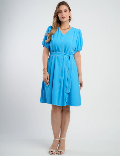 Vestido Curto Alfaiataria Com Pesponto Azul