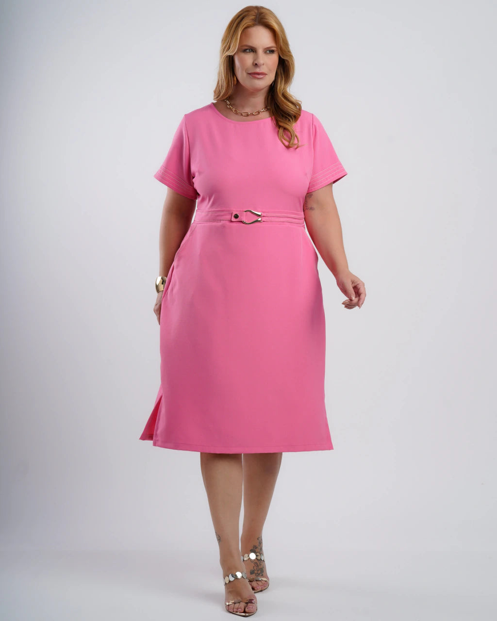 Vestido Midi Alfaiataria Com Fivela Rosa