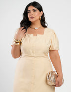 Vestido Curto Alfaiataria Com Botão Frontal Bege