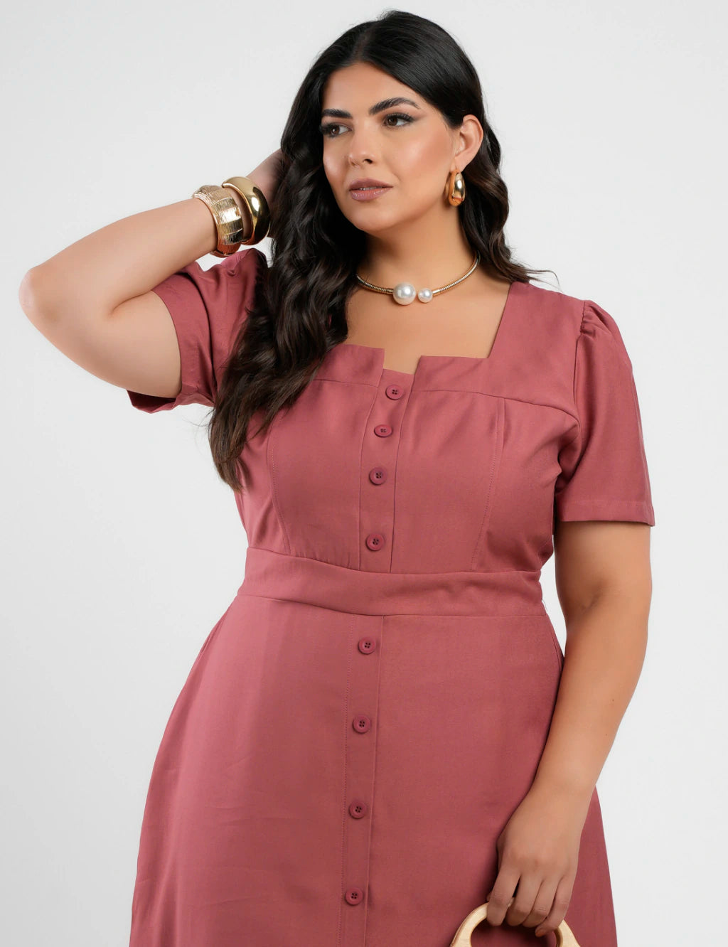 Vestido Curto Alfaiataria Com Botão Frontal Telha