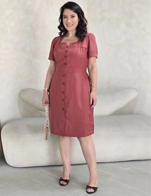 Vestido Curto Alfaiataria Com Botão Frontal Telha
