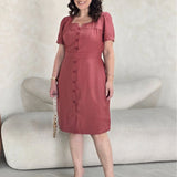 Vestido Curto Alfaiataria Com Botão Frontal Telha