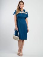 Vestido Midi Tubinho Bicolor Zíper No Decote Azul