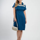 Vestido Midi Tubinho Bicolor Zíper No Decote Azul