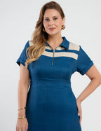 Vestido Midi Tubinho Bicolor Zíper No Decote Azul