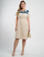 Vestido Midi Tubinho Bicolor Zíper No Decote Bege