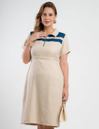 Vestido Midi Tubinho Bicolor Zíper No Decote Bege
