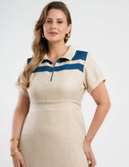 Vestido Midi Tubinho Bicolor Zíper No Decote Bege