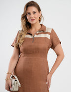 Vestido Midi Tubinho Bicolor Zíper No Decote Marrom