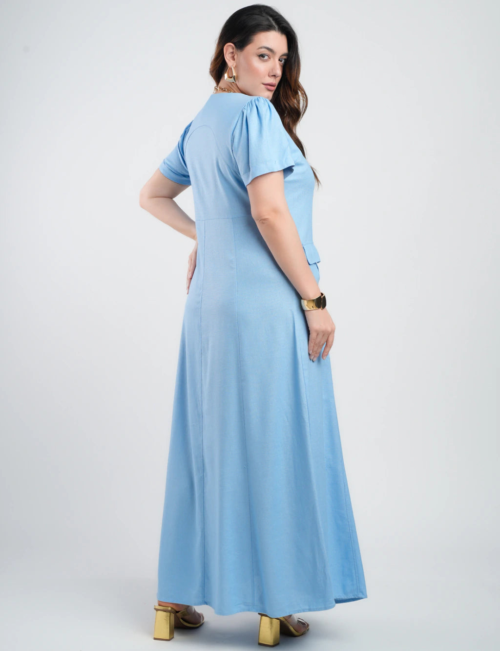 Vestido Longo Linho Misto Botões Frontais Azul