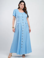Vestido Longo Linho Misto Botões Frontais Azul